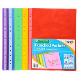 Tiger Punched Pockets A4 45 micron Assorted Colours Pk 50