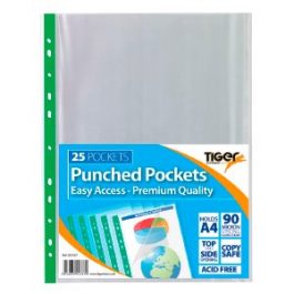 Tiger Punched Pockets A4 90 micron Easy Access Pk 25