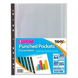 Tiger Punched Pockets A4 200 micron Expandable Pk 5