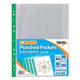 Tiger Punched Pockets A4 80 micron Extra Capacity Pk 10