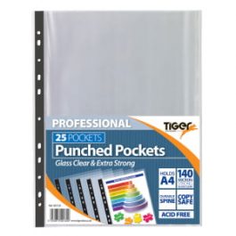 Tiger Punched Pockets A4 140 micron Glass Clear Pk 25