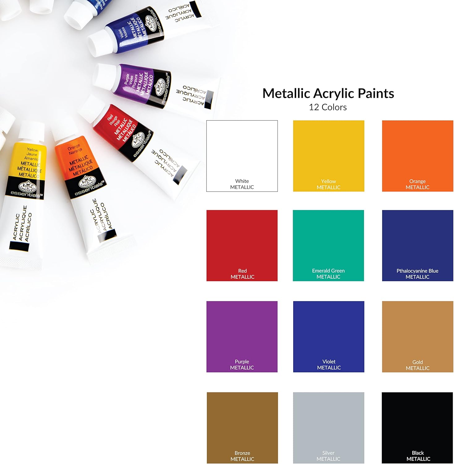 Royal & Langnickel Essentials Metallic Acrylic Set 12 X 12ml Tubes - Image 2