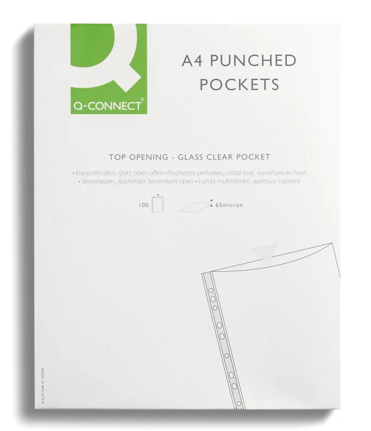 Q Connect Premium Punched Pocket Top Opening Green Strip A4 Clear Box Q Connect Premium Punched Pocket Top Opening Green Strip A4 Clear Box