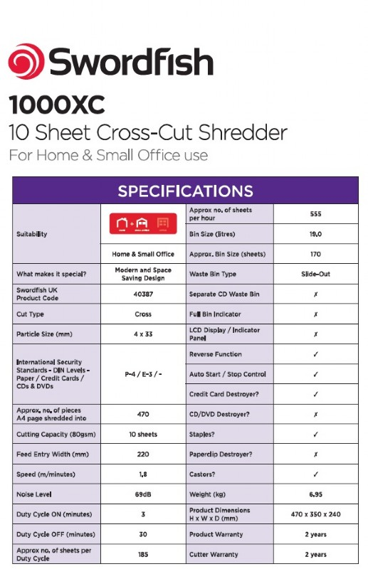 Swordfish Cross-Cut Shredder 1000XCPlus 10 Sheets - Image 3