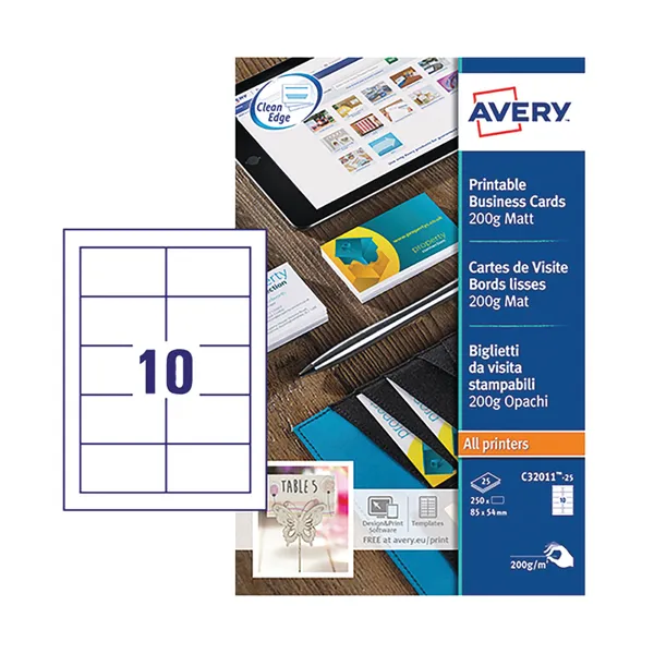 Avery Multipurpose Business Cards Matte White Pack 250 - Image 2