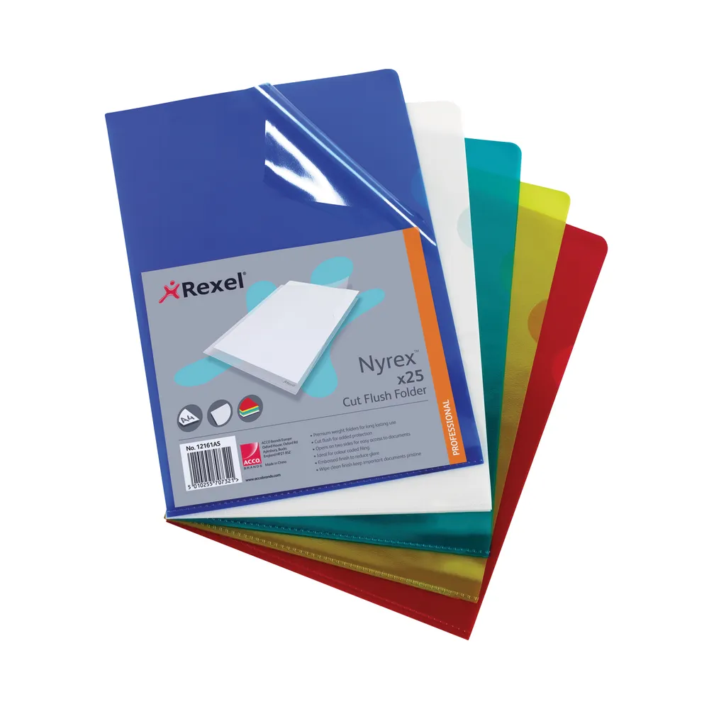 Rexel Nyrex Cut Flush Folders A4 Assorted Pk 25