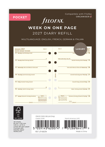 Filofax 2027 Pocket Week on One Page Cotton Cream Diary Refill
