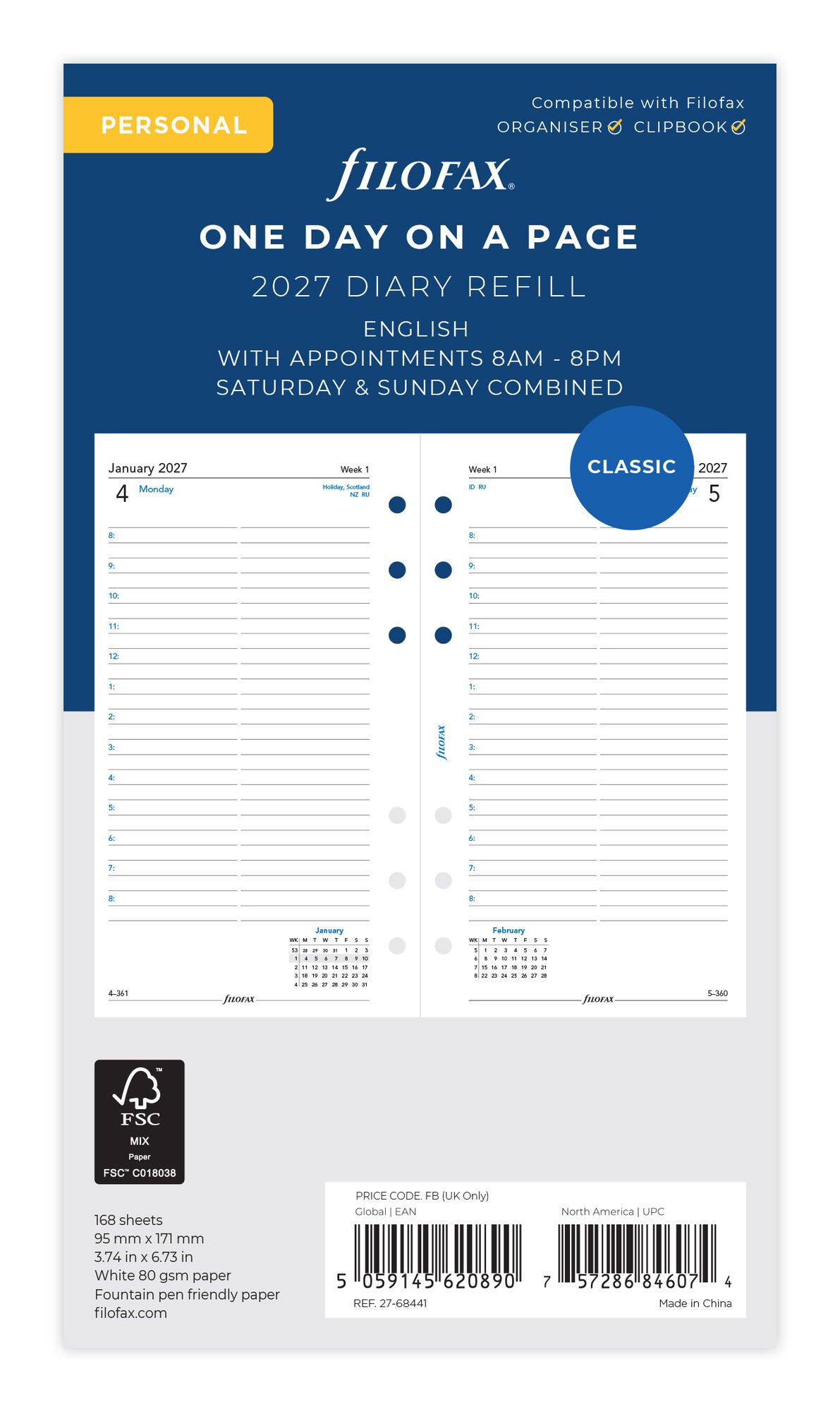 Filofax 2027 Personal Day Per Page Appointments Diary Refill