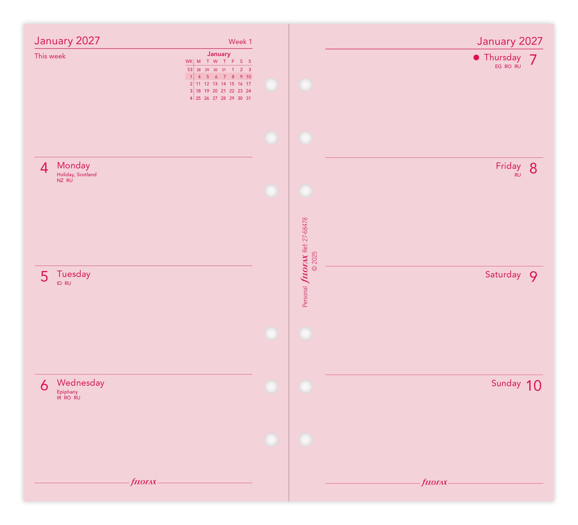 Filofax 2027 Personal Week On Two Pages Pink Diary Refill - Image 2