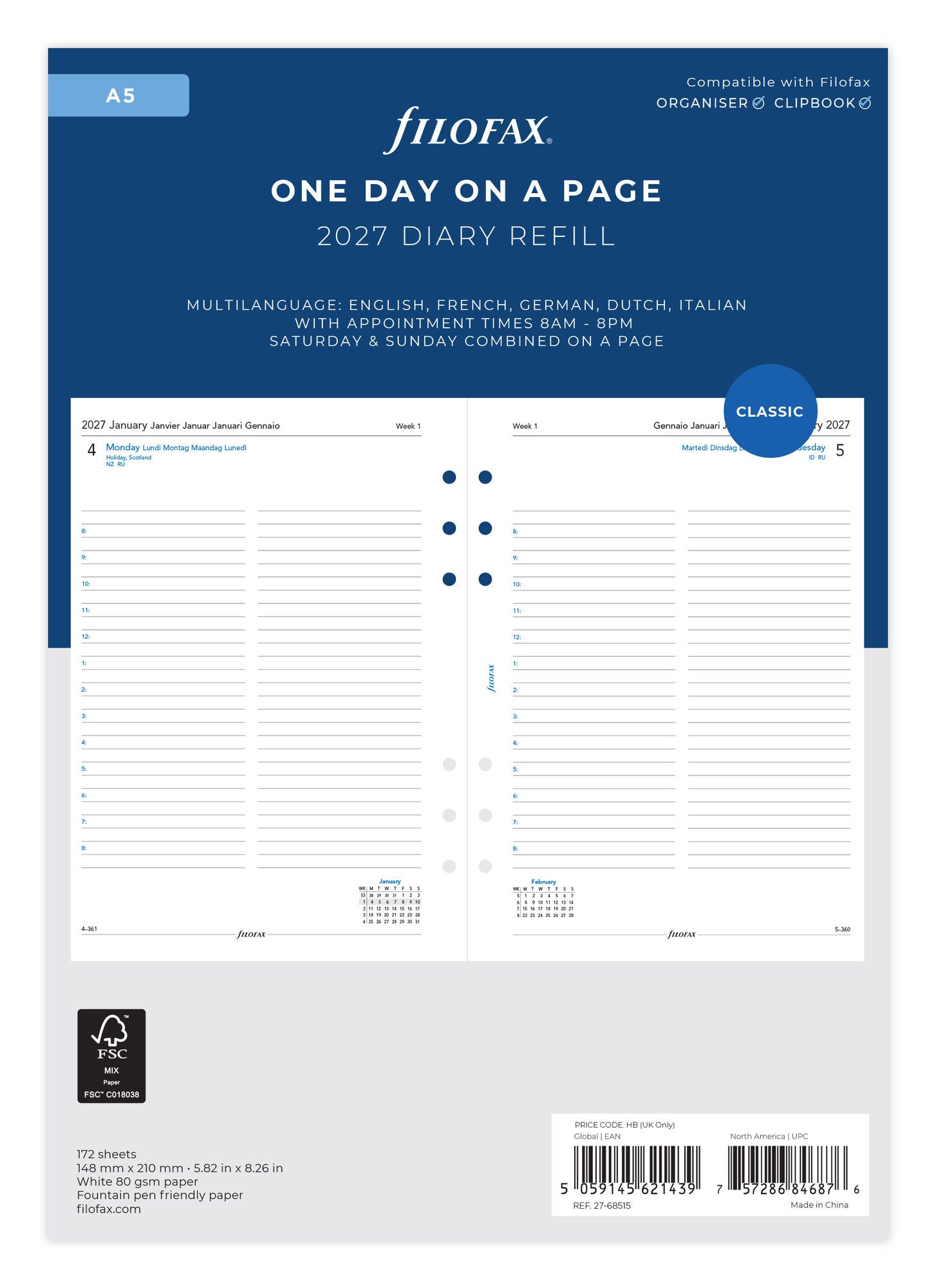 Filofax 2027 A5 Day Per Page Appointments Diary Refill