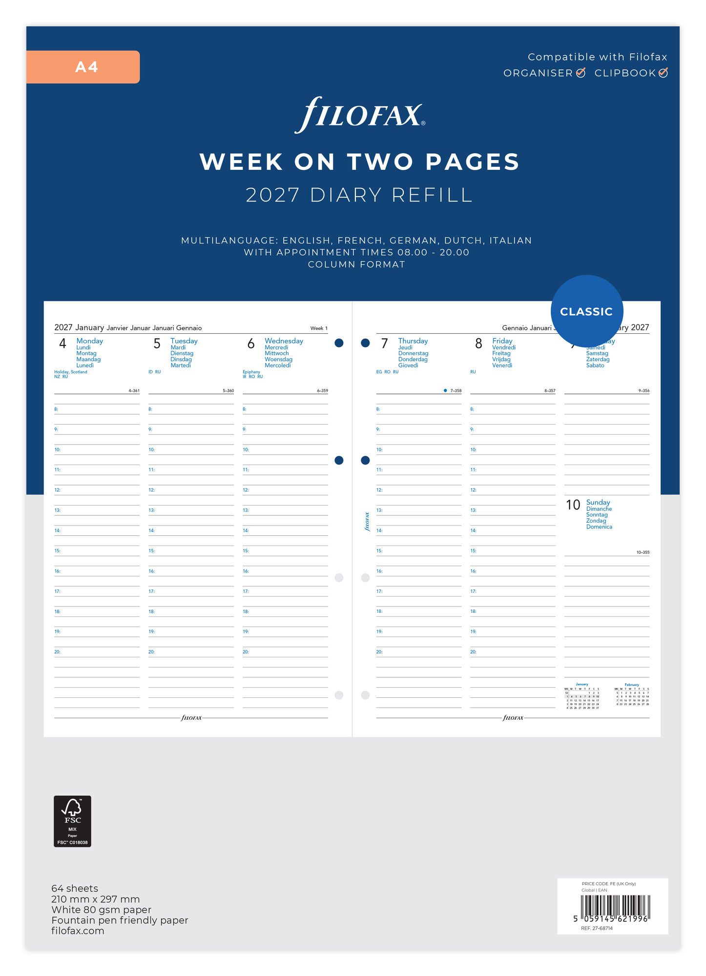 Filofax 2027 A4 Week On Two Pages Appointments Diary Refill