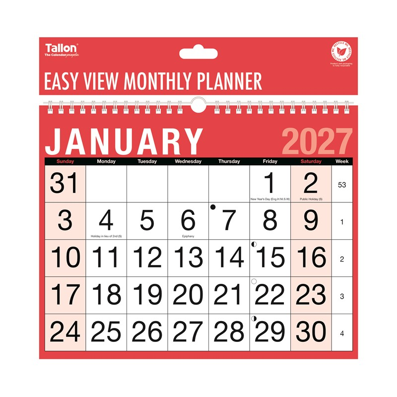 Tallon 2027 Red & Black Easy View Monthly Calendar