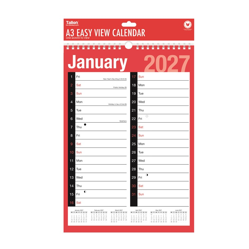Tallon 2027 Red & Black A3 Month To View 2-Column Planner