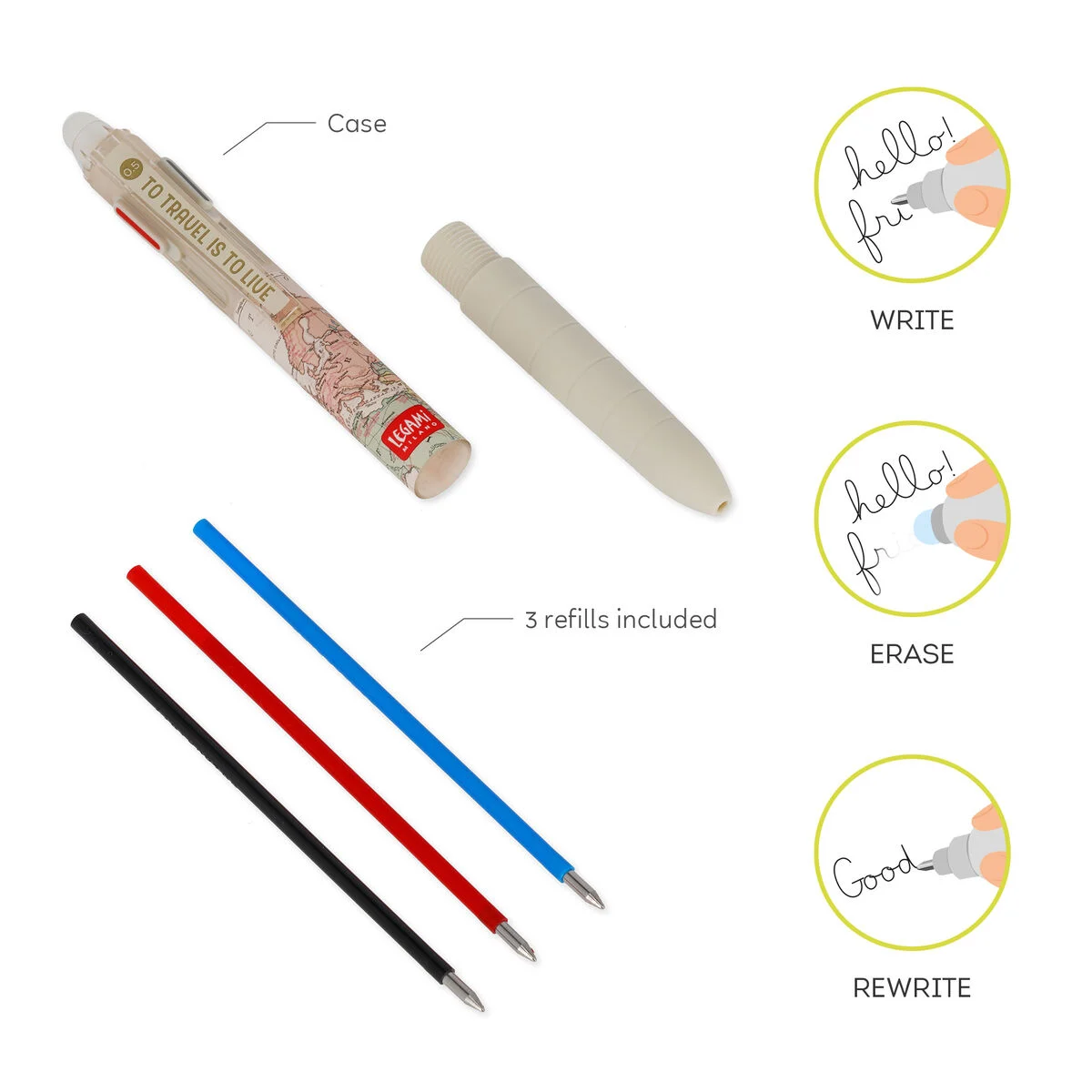 Legami Make Mistakes 3-Colour Erasable Gel Pen - Travel - Image 2